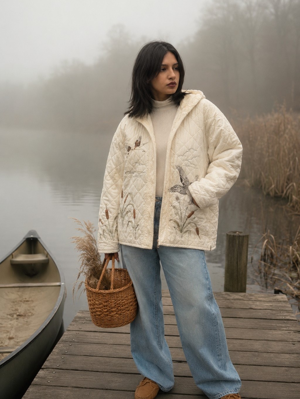 Vintage Quilted Goose Jacket Cottagecore Marsh Bird Appliqu Hooded Coat L Xl